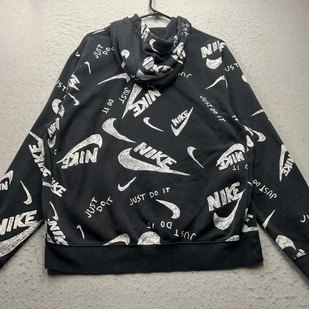 Nike Mens Hoodie Large Black White All Over Print Just Do It Swoosh Pullover